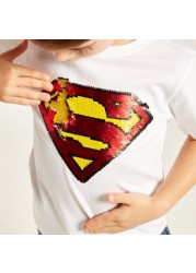 Super-Man Sequin Embellished T-shirt with Short Sleeves