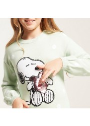 Snoopy Print Pullover with Sequin Detail and Long Sleeves