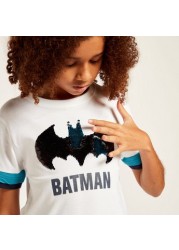 Batman Sequin Detail Graphic Printed T-shirt with Short Sleeves