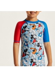 Disney Mickey Mouse Print Swimsuit with Short Sleeves and Zip Closure