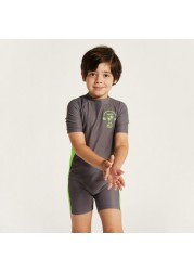 Juniors Printed Swimsuit with Short Sleeves and Zip Closure