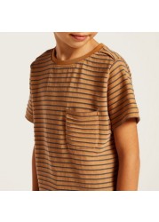 Striped Crew Neck T-shirt with Short Sleeves and Chest Pocket