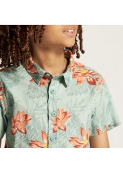 Juniors Tropical Print Shirt with Short Sleeves and Button Closure