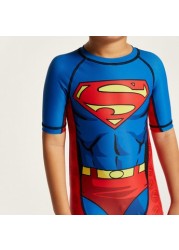 Superman Print Swimsuit with Round Neck and Short Sleeves