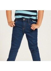 Solid Denim Pants with Pockets and Button Closure