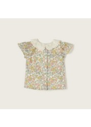 Giggles Floral Print Top with Lace Textured Peter Pan Collar