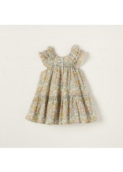 Giggles Floral Print Tiered Dress with Short Sleeves and Ruffle Detail