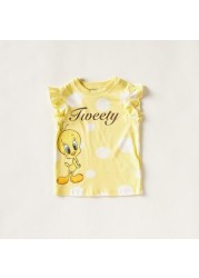 Tweety Print Crew Neck T-shirt with Ruffled Sleeves - Set of 2