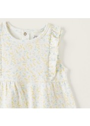 Juniors All-Over Floral Print A-line Sleeveless Dress with Frill Detail