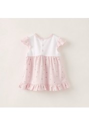 Juniors Printed Dress with Bow Applique and Cap Sleeves