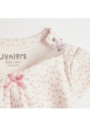 Juniors All-Over Floral Print A-line Dress with Cap Sleeves and Bow Applique