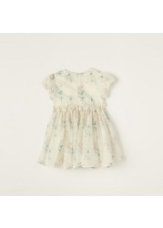 Juniors Floral Print Dress with Puff Sleeves and Zip Closure