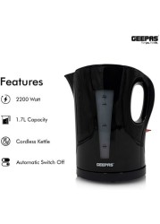 Geepas 1.7L Cordless Electric Kettle | Safety Lock, Boil Dry Protection &amp; Auto Shut Off Feature | Fast Boil &amp; Ease To Clean | Ideal For Hot Water, Tea &amp; Coffee Maker | 2200W - 2 Year Warranty