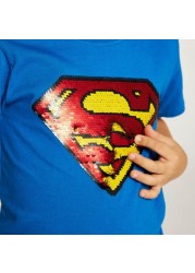 Embellished Superman Print T-shirt with Crew Neck and Short Sleeves