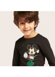 Disney Mickey Mouse Print Round Neck T-shirt with Long Sleeves