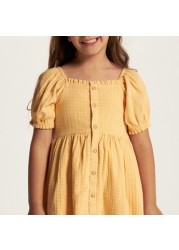 Checked Square Neck A-line Dress with Short Sleeves