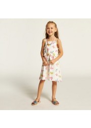 Juniors Butterfly Print Sleeveless Dress with Waist Tie-Up Belt