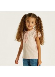 Juniors Polka Dot Print Polo T-shirt with Short Sleeves and Ruffle Detail