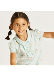 Juniors Printed Polo T-shirt with Short Sleeves and Button Closure