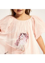 Juniors Unicorn Embellished Dress with Puff Sleeves