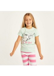 Juniors Printed Crew Neck T-shirt and Full Length Striped Pyjama Set