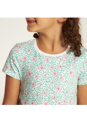 Juniors Floral Print T-shirt with Round Neck and Short Sleeves