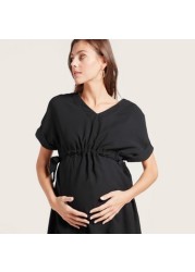 Love Mum Maternity Solid V-neck Wrap Dress with Short Sleeves