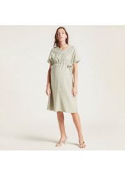 Love Mum Solid Twill Dress with Short Sleeves and Side Tie-Up