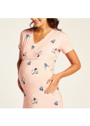 Love Mum Minnie Mouse Print V-neck Maternity Dress with Short Sleeves