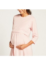 Love Mum Striped Round Neck Maternity Dress with Long Sleeves