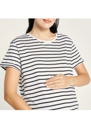 Love Mum Striped Round Neck Maternity T-shirt with Short Sleeves