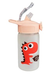 Dinasaur Water Glass Bottle with Straw Pink 350ml