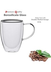 Lushh Double Wall Insulated Tea Cup with Handle Design 350 ML, Made of borosilicate glass suitable for a coffee cold and hot drinks such as cappuccino latte espresso tea