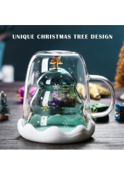 Glass Coffee Mug With Lid And Handle, Christmas Tree Shaped Double Wall Insulated Glass Cups Funny Mugs For Christmas Thanksgiving Valentine&#39;s Day Creative Birthday Gifts