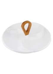 Shallow 29cm Porcelain Round 3-Compartment Serving Plate With Bamboo Handle Jmd305