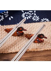 4 (2 pairs) Silver Stainless Steel Chopsticks &amp; Mandarin Duck Holders Set In Gift Box by THY COLLECTIBLES