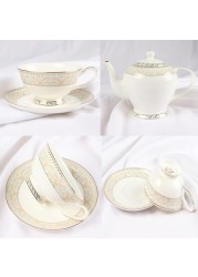 XIANGYU Dinner Set Porcelain Gold, 115pcs tea set; 10&#39;5 flat plate- (12) , 8&#39; soup plate- (12) 8&#39; flat plate- (12), 7&#39;5 flat plate- (12) 6&#39; salad bowl- (12), &#39;tea pot (1set)- (2) Tea cup/Saucer(12set)