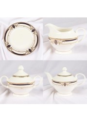 XIANGYU Dinner Set Porcelain Gold, 24pcs tea set; (12)pcs tea cup/saucer, (1) 10&#39;5 flat plate, (6) 7&#39;5 flat plate, (2) tea pot, (2) sugar pot, (1) milk pot. New Ceramic Bone China, The rich and colorf