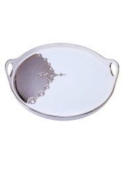 Al Hoora 36*35*H3Cm Round White Serving Ceramic Tray W/ Silver Handle Spot Border,Use For Cake, Dessert, Sweets, Sandwich, Snack W/ Beautiful Gold Pattern