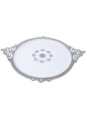 Al Hoora 42*33.5*H3Cm Round White Serving Ceramic Tray W/ Silver Handle Spot Border,Use For Cake, Dessert, Sweets, Sandwich, Snack W/ Beautiful Silver Pattern