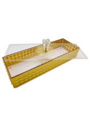 Al Hoora 30.5*10.5*H10cm Rect. Acrylic Gold Serving Tray, Cake Dish, Dessert Tray, Candy Dish W/ Geometric Pattern, Clear Cover, Rose Flower Knob And Color Box