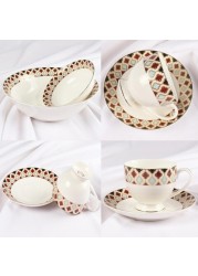 Dinner Set Porcelain Gold, 32pcs tea set; (12)pcs tea cup/saucer, (6) 10&#39;5 flat plate, (6) 7&#39;5 flat plate, (6) 6&#39; salad bowl, (1) 6&#39; salad bowl, (1) 14&#39; oval plate. New Ceramic Bone China, The rich an