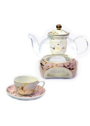 LIHAN  Porcelain Tea Set Combined with Heat-Resistant Glass Teapot 1*600ml,Cups 6*125ml,6 Sauces ,1 Candle Warmer,Pink Classic Design for Family Party Use