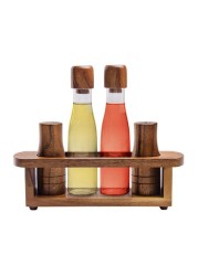 BILLI WOODEN OIL, VINEGAR, SALT &amp; PEPPER CANISTER SET, BROWN, ACA-622