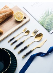 LIHAN Black marble Gold Cutlery Set  24-Piece Stainless Steel Gold Flatware Set with gold stand, Kitchen Utensils Knife Fork Spoon Flatware Set, Spoon, Knife, Fork, Mirror polish, Smooth Edge, Service