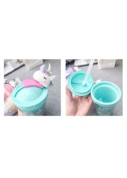 ALISSA-450ml Creative Unicorn Cartoon Straw Mug With Lid Thermal Insulation Double Wall Plastic Cup, Turquoise.