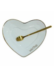 Ceramic Cup with Saucer and small golden spoon , Heart Design - 250mL (White)