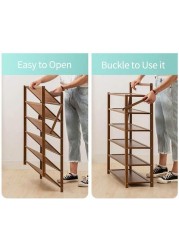 Portable Foldable 5-Tier Shoe Rack Storage Organizer, Free Installation Folding Dustproof Shoe Cabinet, Bamboo Stackable and Durable Shoe Shelf, Space Saving Storage Shoe Tower shoe cabinet (5 - Tier)