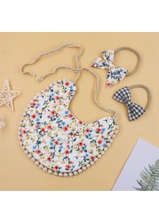 3pcs Children New Baby Plaid Printed Linen Baby Cotton Baby Double-sided Bib Bib Baby Saliva Towel Headband Set