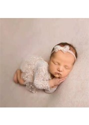 Newborn Baby Photography Clothes Fairy Lace Dress Pearl Beading Romper Skirt Headband 3pcs Sets Infant Girl Princess Outfis